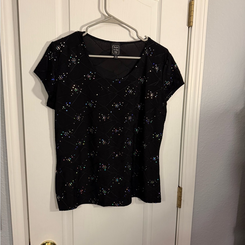 Suzie In The City Black Sequin Short Sleeve Top